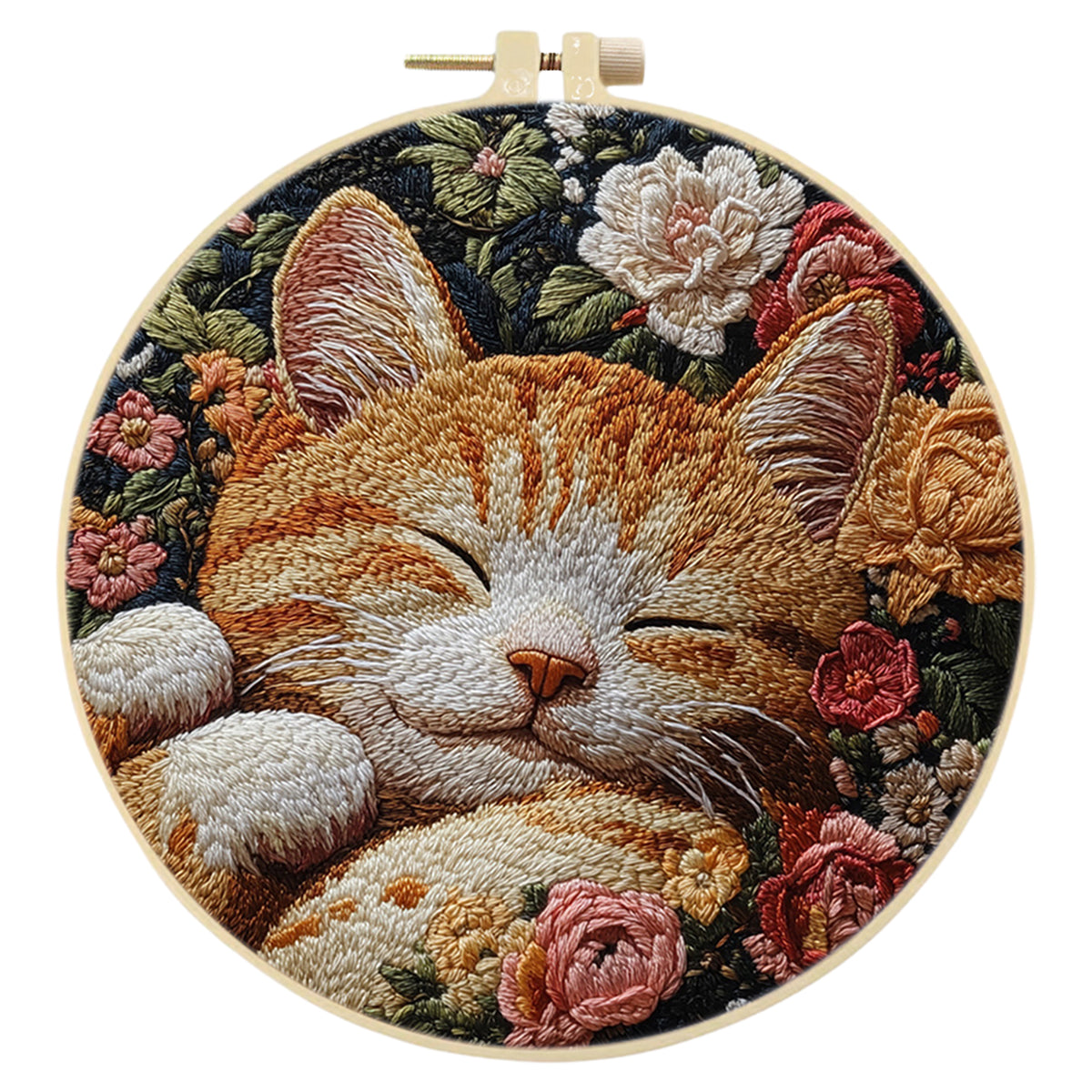 Sleepy Kitty - DIY Embroidery Cross Stitch Kit with Pattern Cotton Threads Needles Hoop 30×30CM/11.81×11.81in