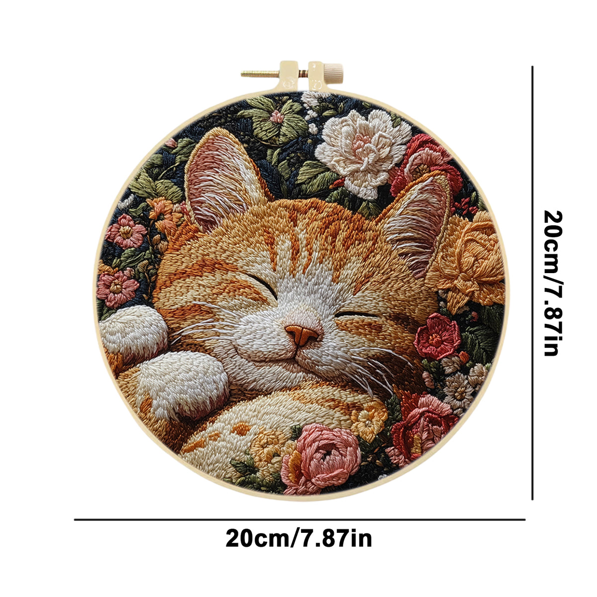 Sleepy Kitty - DIY Embroidery Cross Stitch Kit with Pattern Cotton Threads Needles Hoop 30×30CM/11.81×11.81in