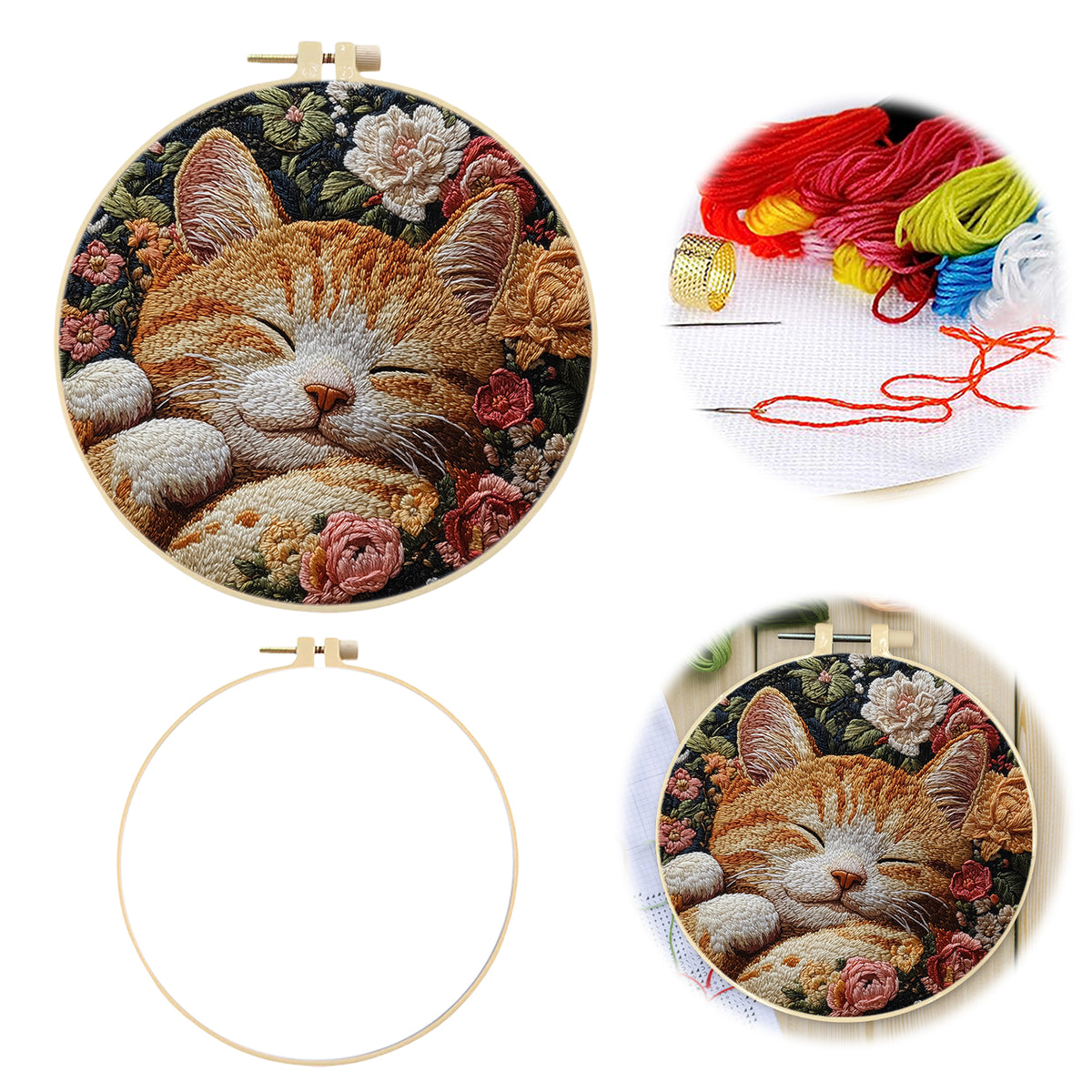 Sleepy Kitty - DIY Embroidery Cross Stitch Kit with Pattern Cotton Threads Needles Hoop 30×30CM/11.81×11.81in