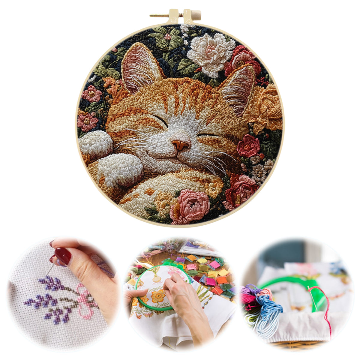 Sleepy Kitty - DIY Embroidery Cross Stitch Kit with Pattern Cotton Threads Needles Hoop 30×30CM/11.81×11.81in