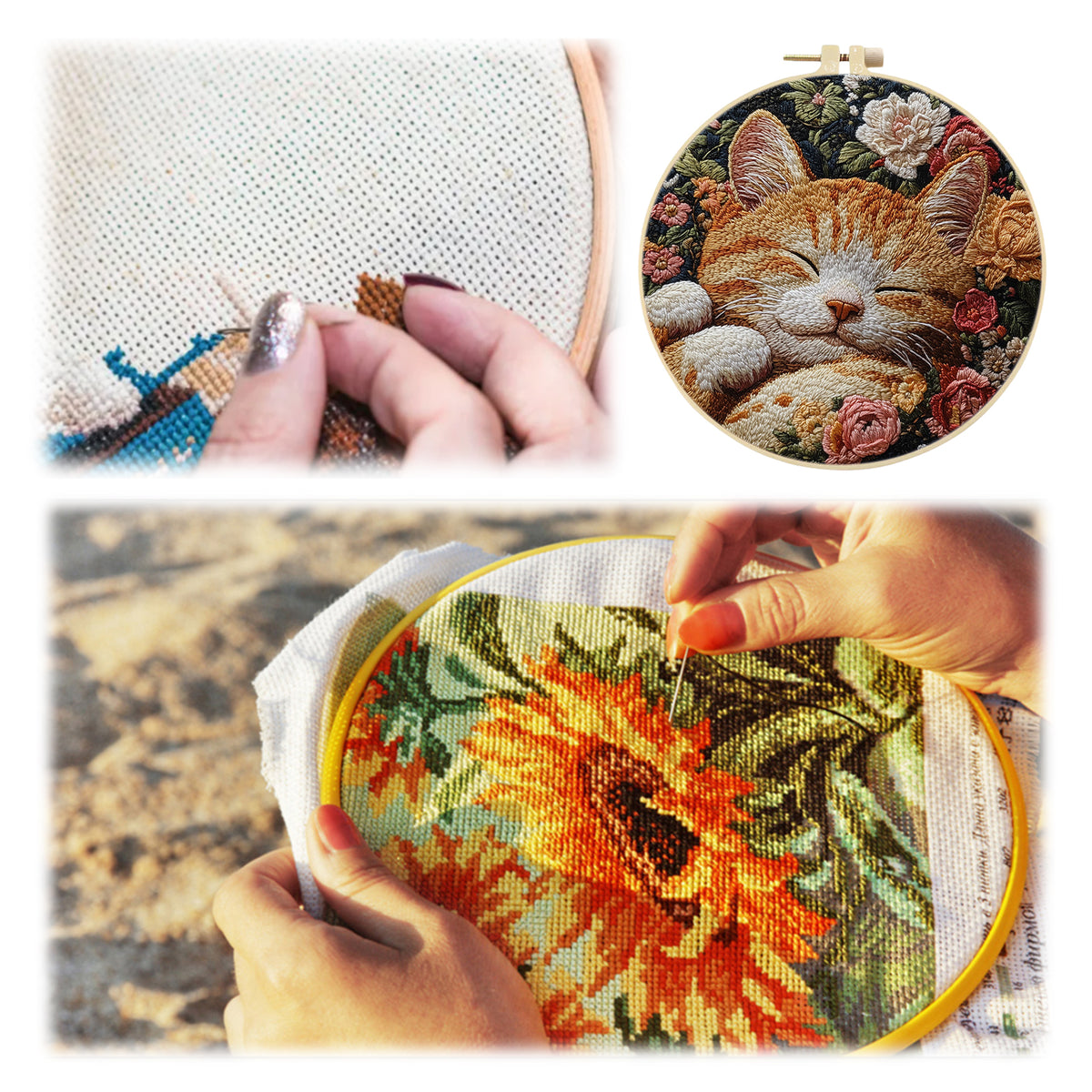 Sleepy Kitty - DIY Embroidery Cross Stitch Kit with Pattern Cotton Threads Needles Hoop 30×30CM/11.81×11.81in