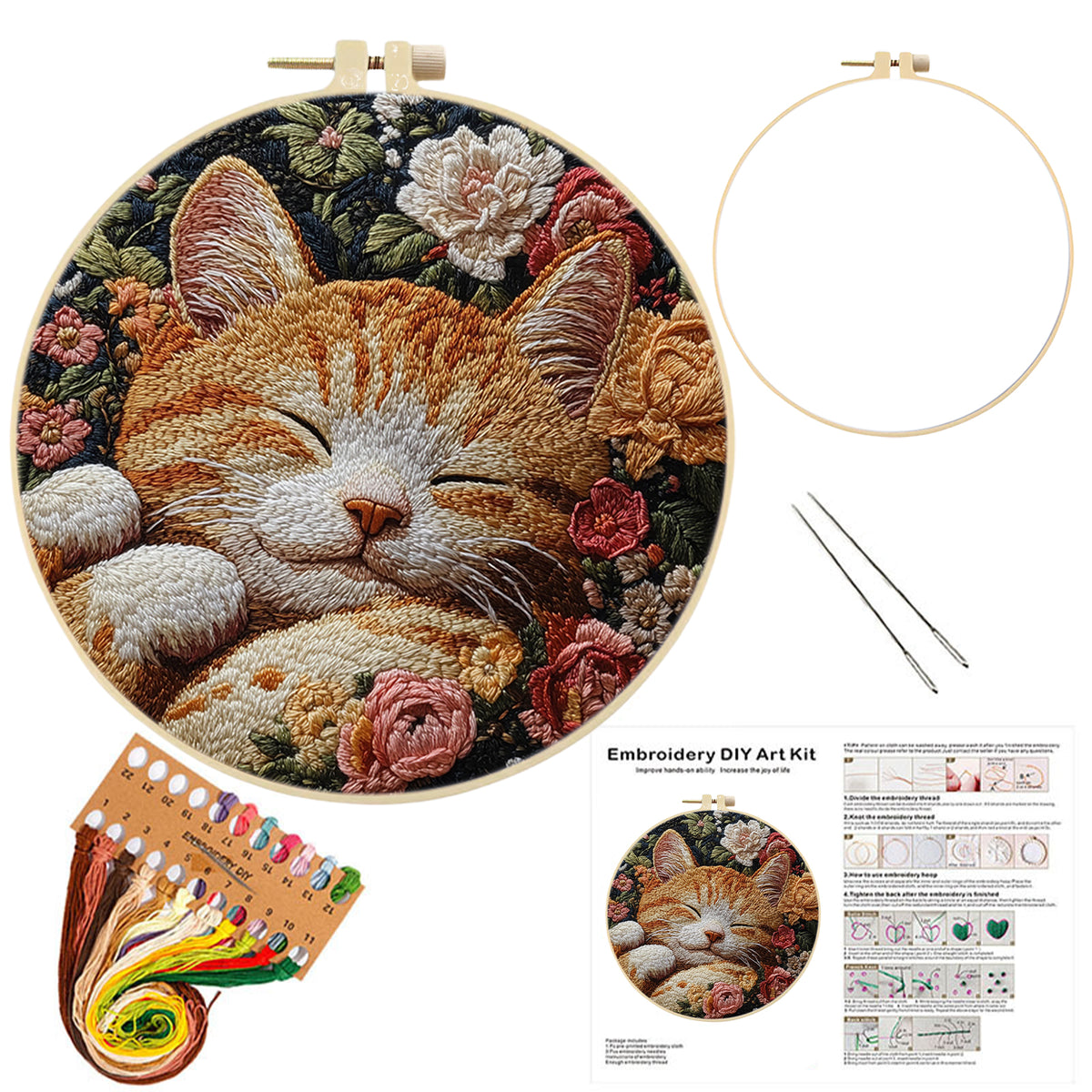 Sleepy Kitty - DIY Embroidery Cross Stitch Kit with Pattern Cotton Threads Needles Hoop 30×30CM/11.81×11.81in