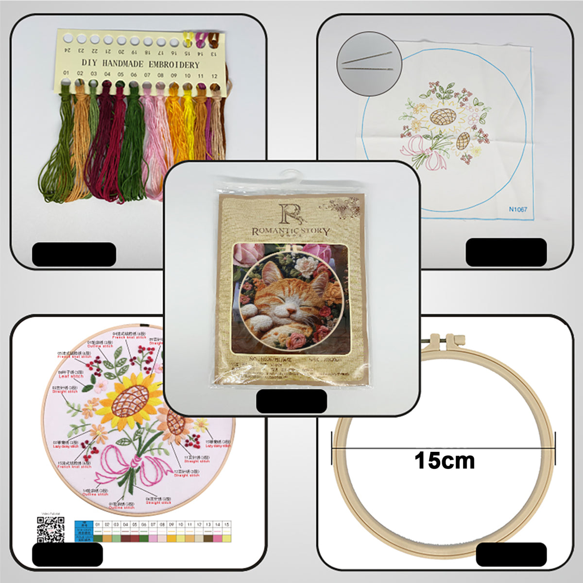 Sleepy Kitty - DIY Embroidery Cross Stitch Kit with Pattern Cotton Threads Needles Hoop 30×30CM/11.81×11.81in