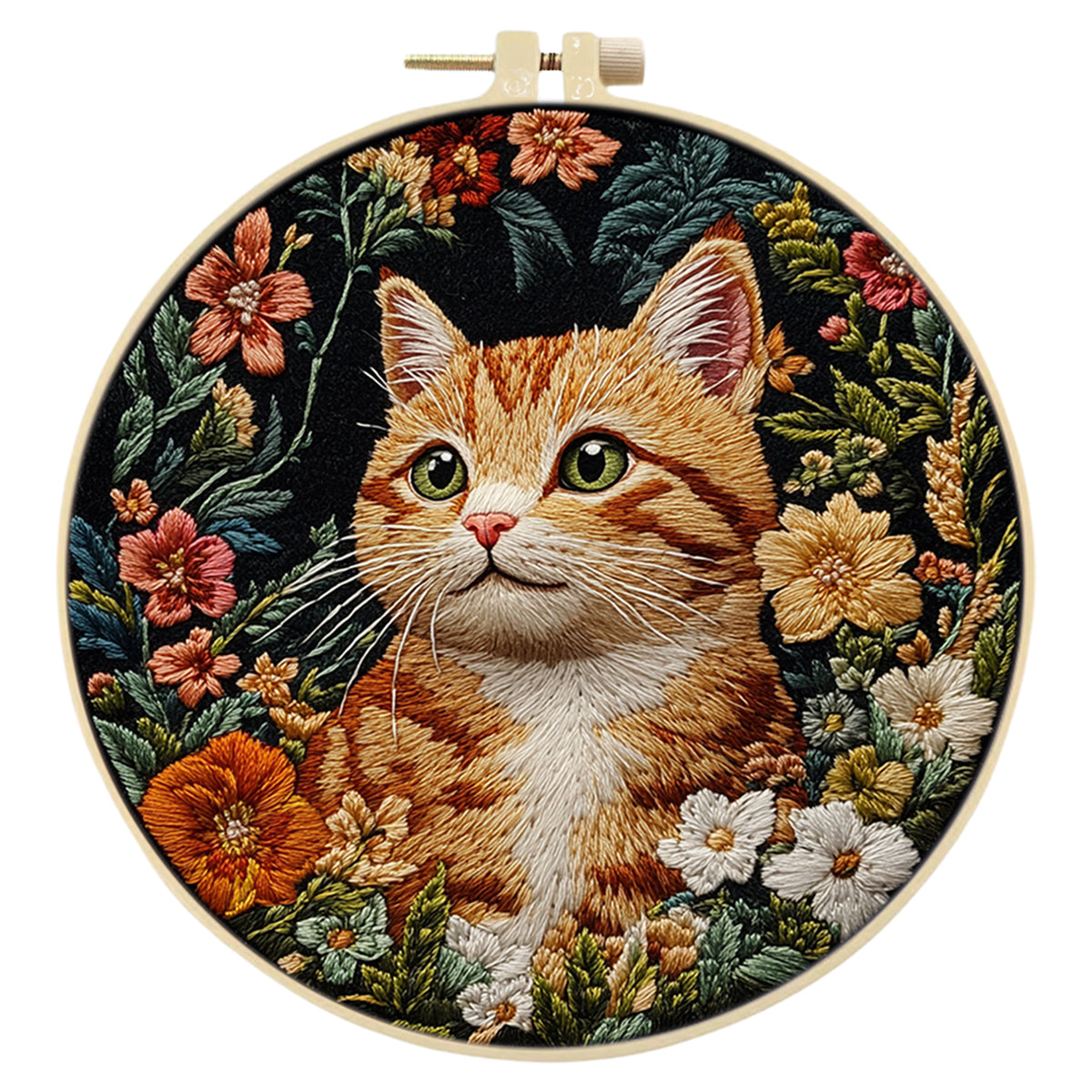 Floral Tabby - DIY Embroidery Cross Stitch Kit with Pattern Cotton Threads Needles Hoop 30×30CM/11.81×11.81in