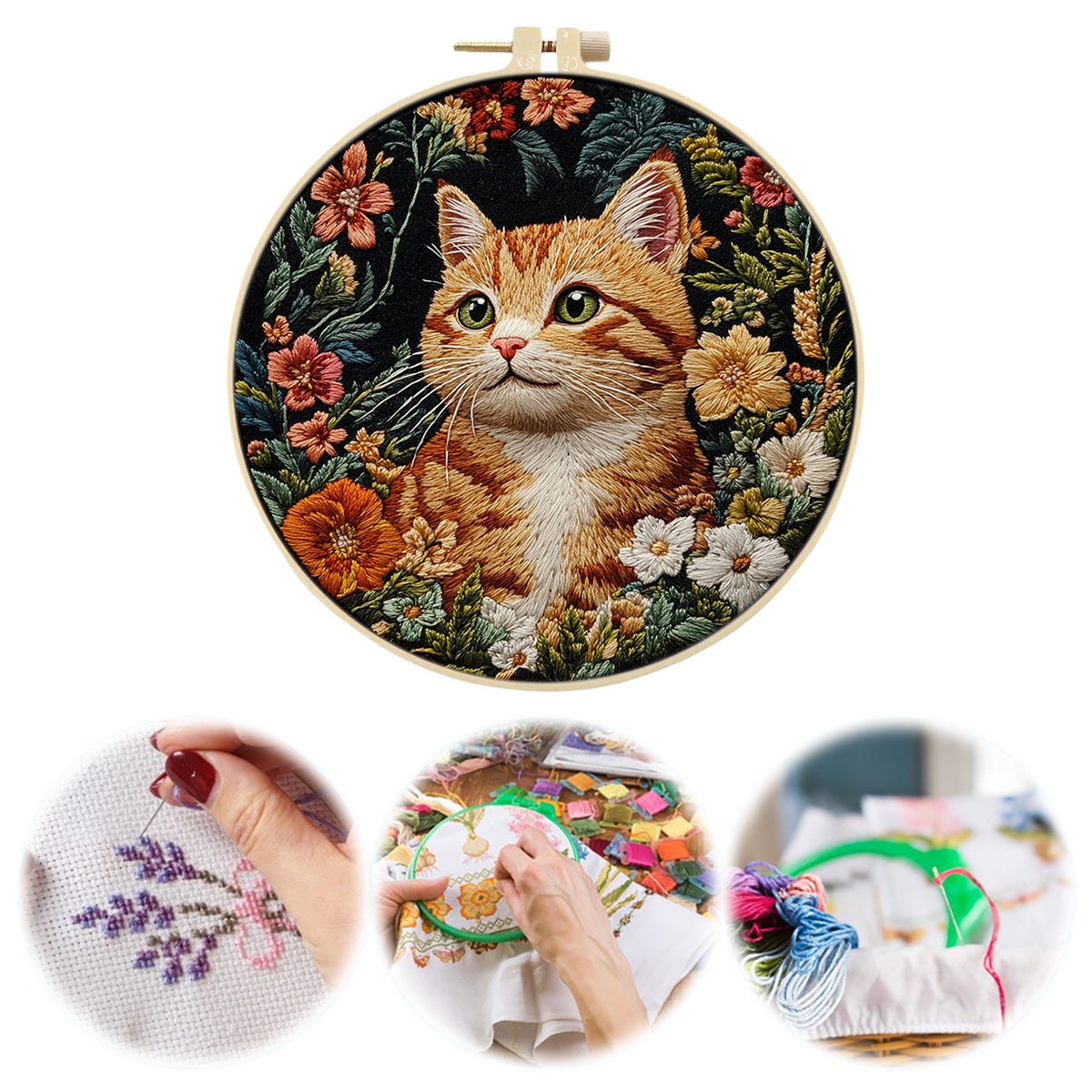Floral Tabby - DIY Embroidery Cross Stitch Kit with Pattern Cotton Threads Needles Hoop 30×30CM/11.81×11.81in