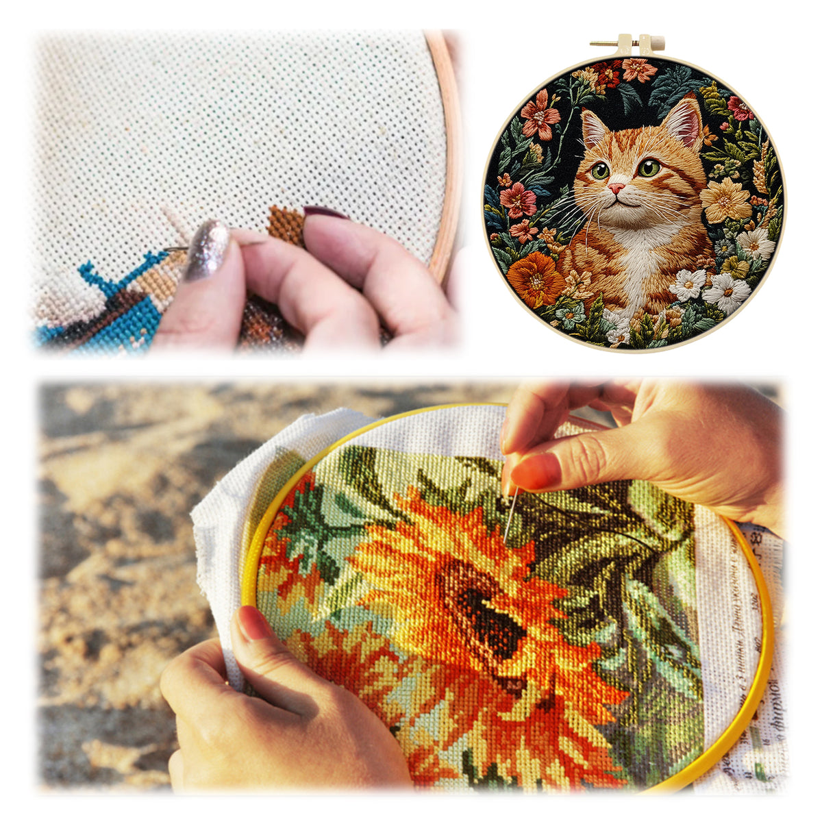 Floral Tabby - DIY Embroidery Cross Stitch Kit with Pattern Cotton Threads Needles Hoop 30×30CM/11.81×11.81in