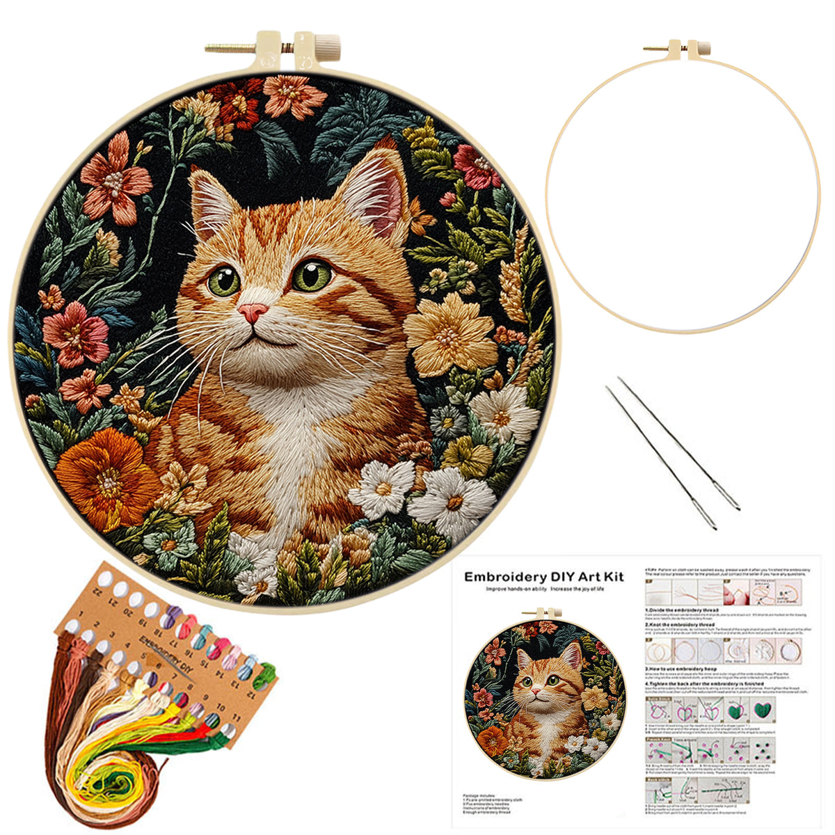 Floral Tabby - DIY Embroidery Cross Stitch Kit with Pattern Cotton Threads Needles Hoop 30×30CM/11.81×11.81in