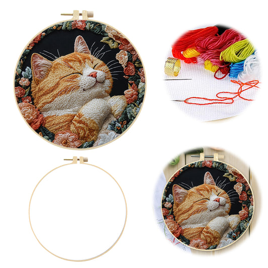 Träumende Katze – DIY-Stickset für Kreuzstich mit Vorlage, Baumwollgarnen, Nadeln und Stickrahmen 30×30 cm
