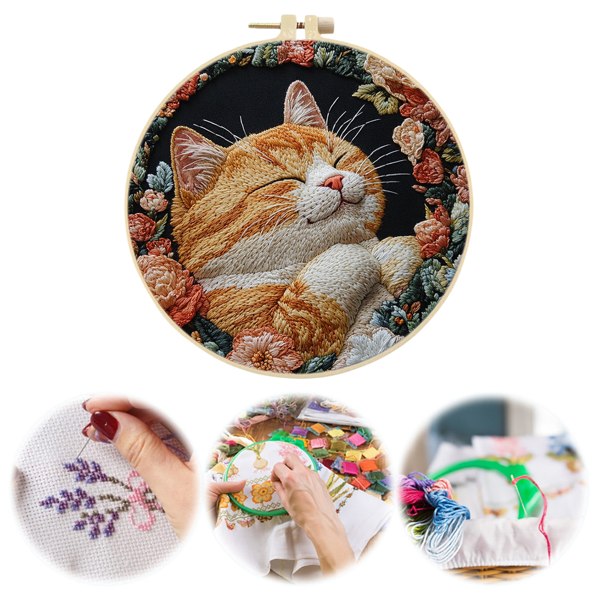 Dreamy Cat - DIY Embroidery Cross Stitch Kit with Pattern Cotton Threads Needles Hoop 30×30CM/11.81×11.81in