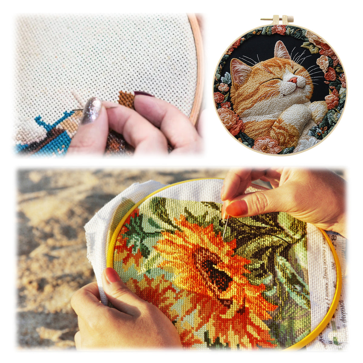 Dreamy Cat - DIY Embroidery Cross Stitch Kit with Pattern Cotton Threads Needles Hoop 30×30CM/11.81×11.81in