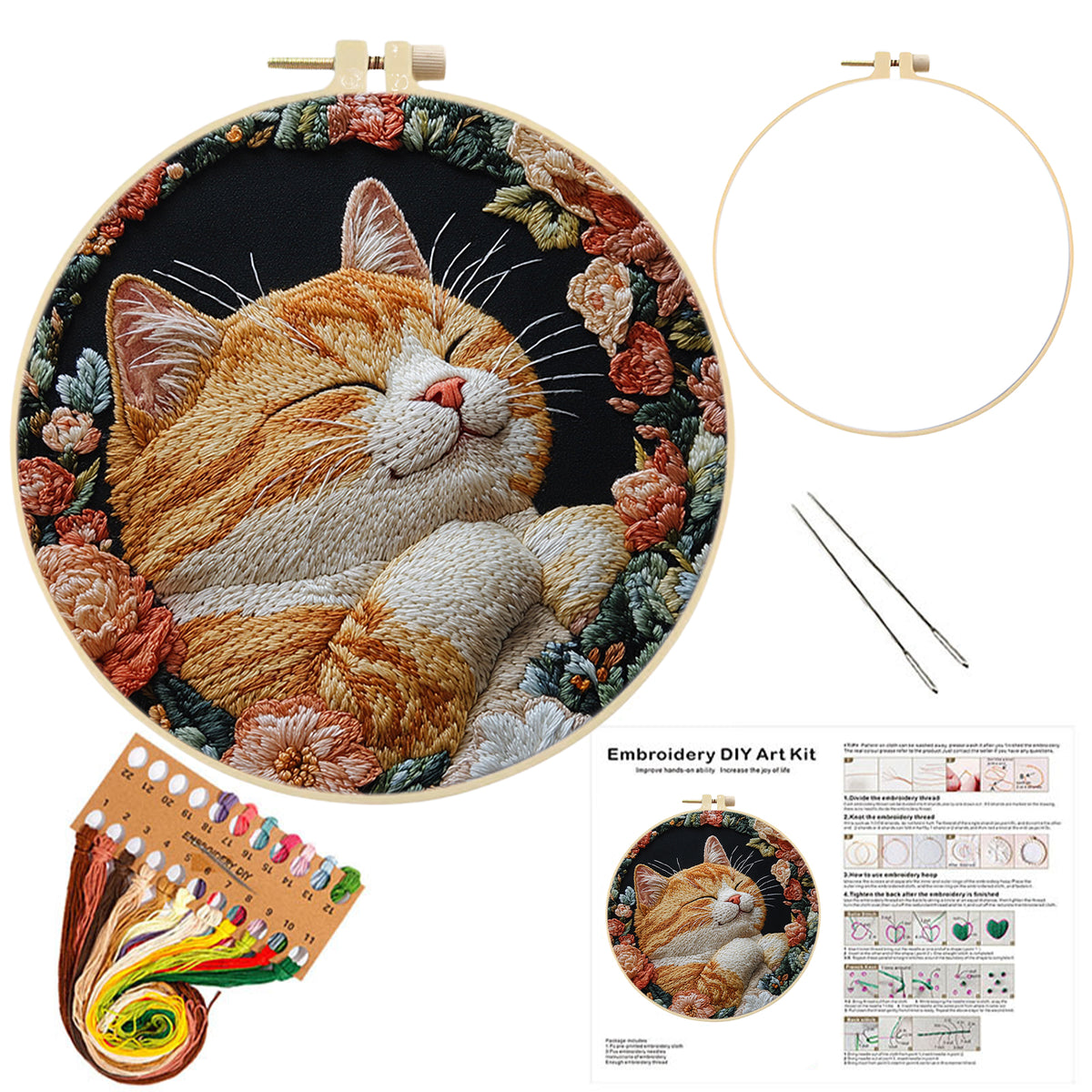 Dreamy Cat - DIY Embroidery Cross Stitch Kit with Pattern Cotton Threads Needles Hoop 30×30CM/11.81×11.81in