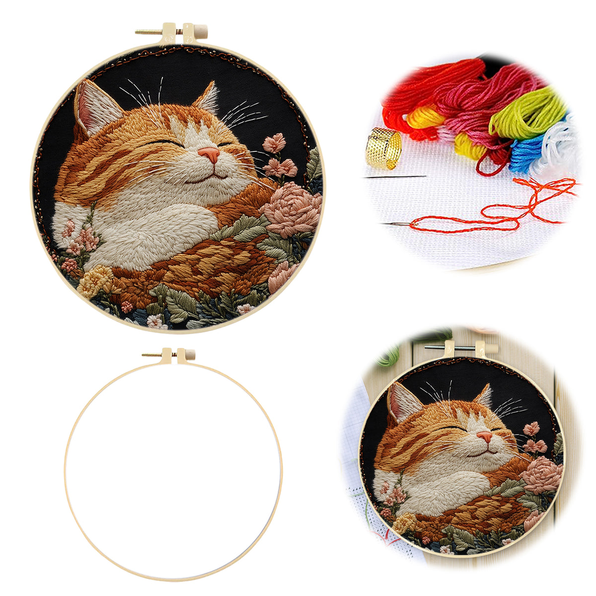 Blossom Kitten - DIY Embroidery Cross Stitch Kit with Pattern Cotton Threads Needles Hoop 30×30CM/11.81×11.81in