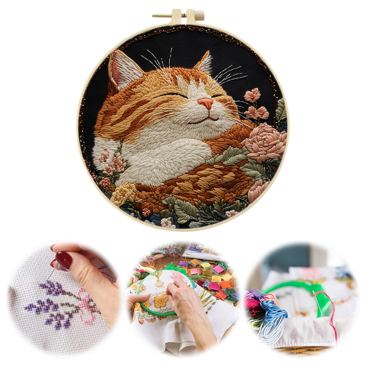 Blossom Kitten - DIY Embroidery Cross Stitch Kit with Pattern Cotton Threads Needles Hoop 30×30CM/11.81×11.81in