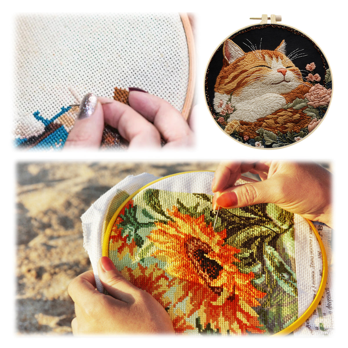Blossom Kitten - DIY Embroidery Cross Stitch Kit with Pattern Cotton Threads Needles Hoop 30×30CM/11.81×11.81in