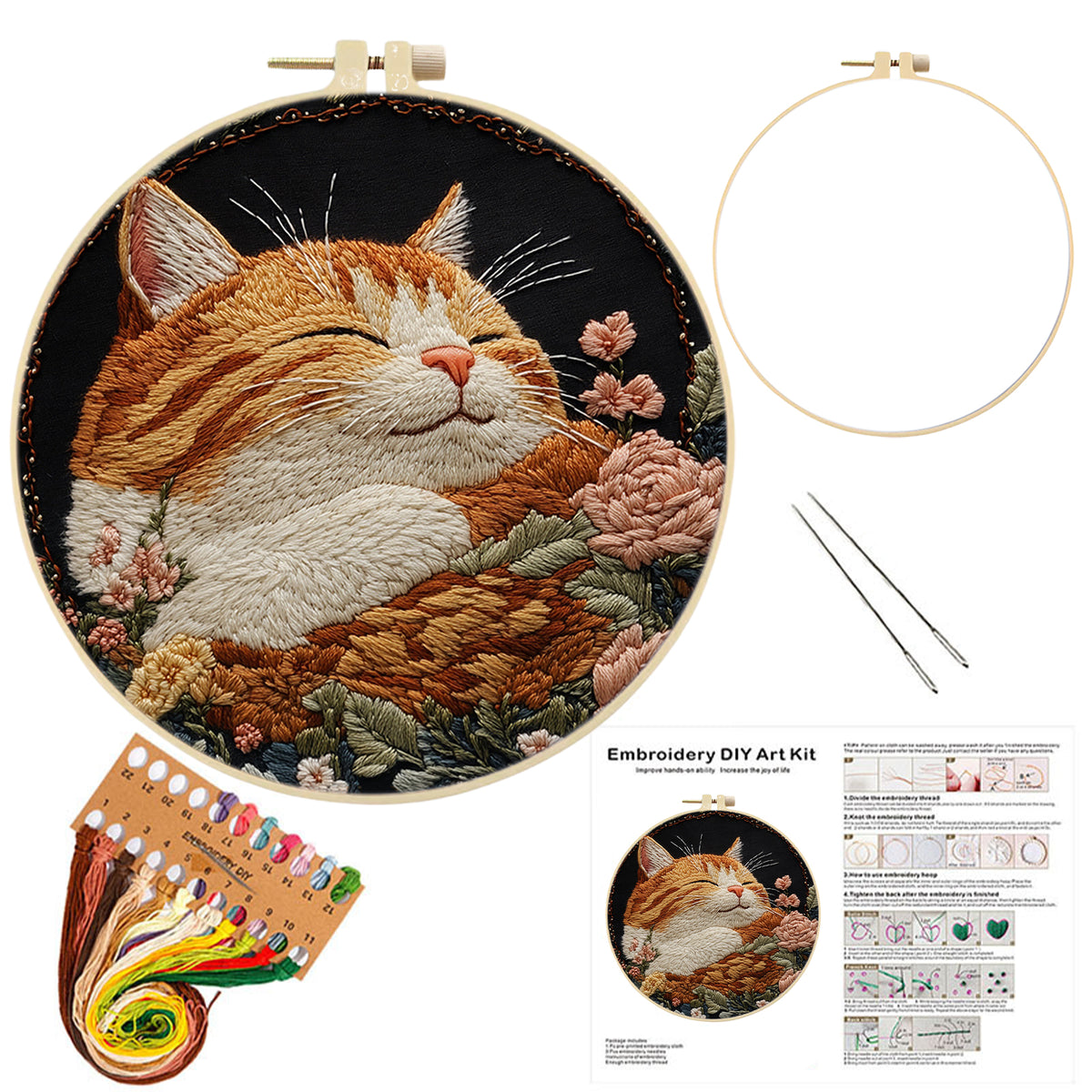 Blossom Kitten - DIY Embroidery Cross Stitch Kit with Pattern Cotton Threads Needles Hoop 30×30CM/11.81×11.81in