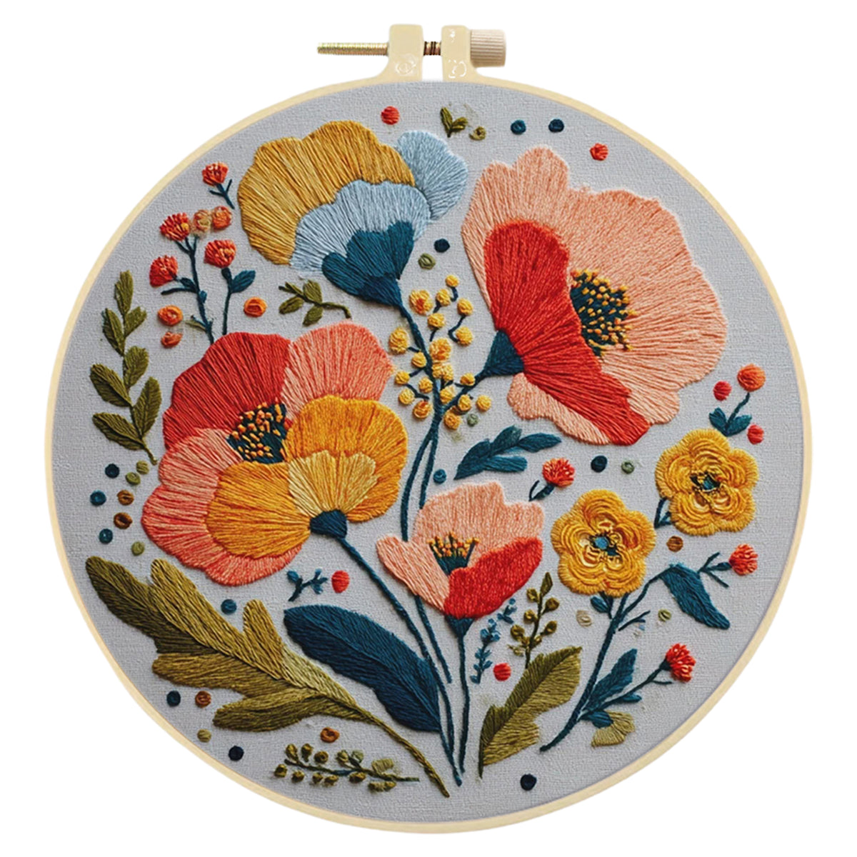 Poppy Blooms - DIY Embroidery Cross Stitch Kit with Pattern Cotton Threads Needles Hoop 30×30CM/11.81×11.81in