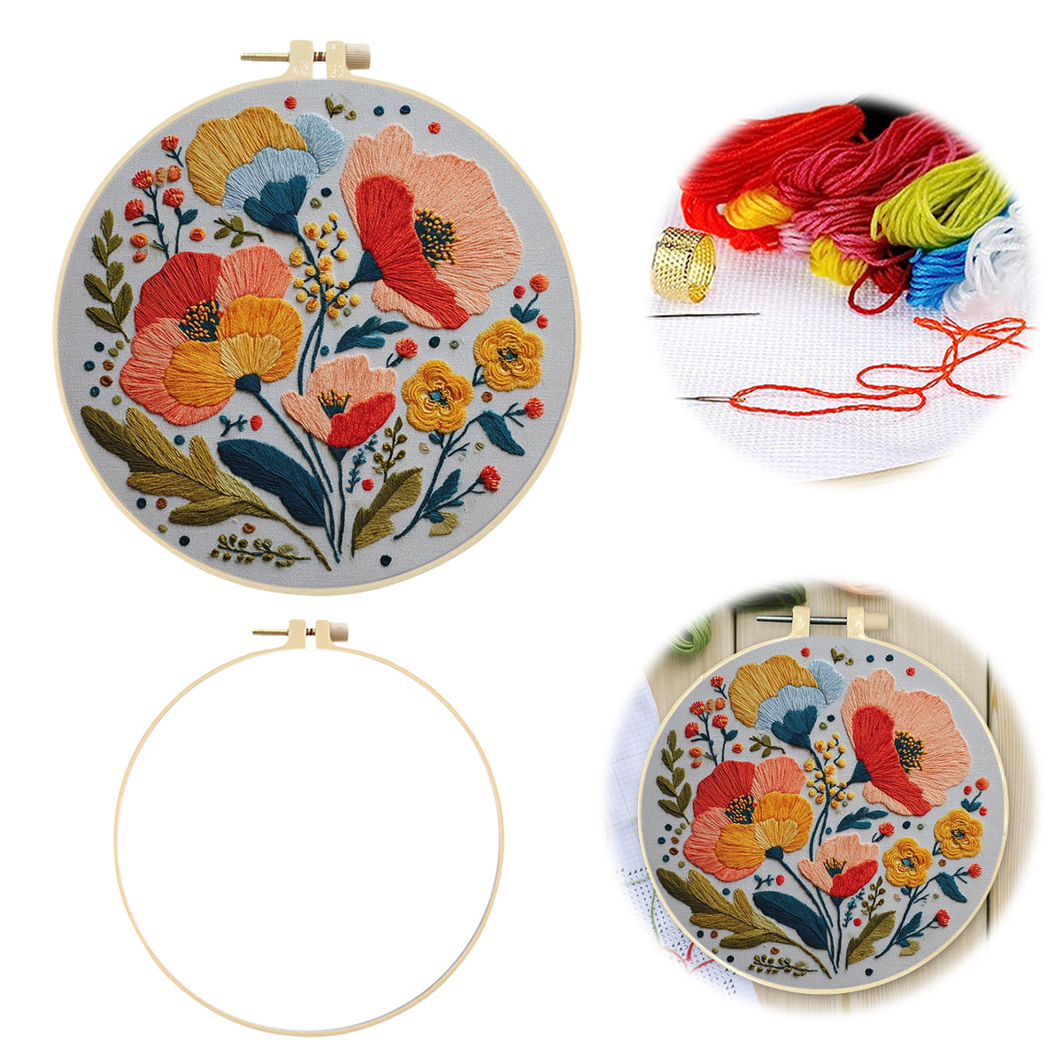 Poppy Blooms - DIY Embroidery Cross Stitch Kit with Pattern Cotton Threads Needles Hoop 30×30CM/11.81×11.81in