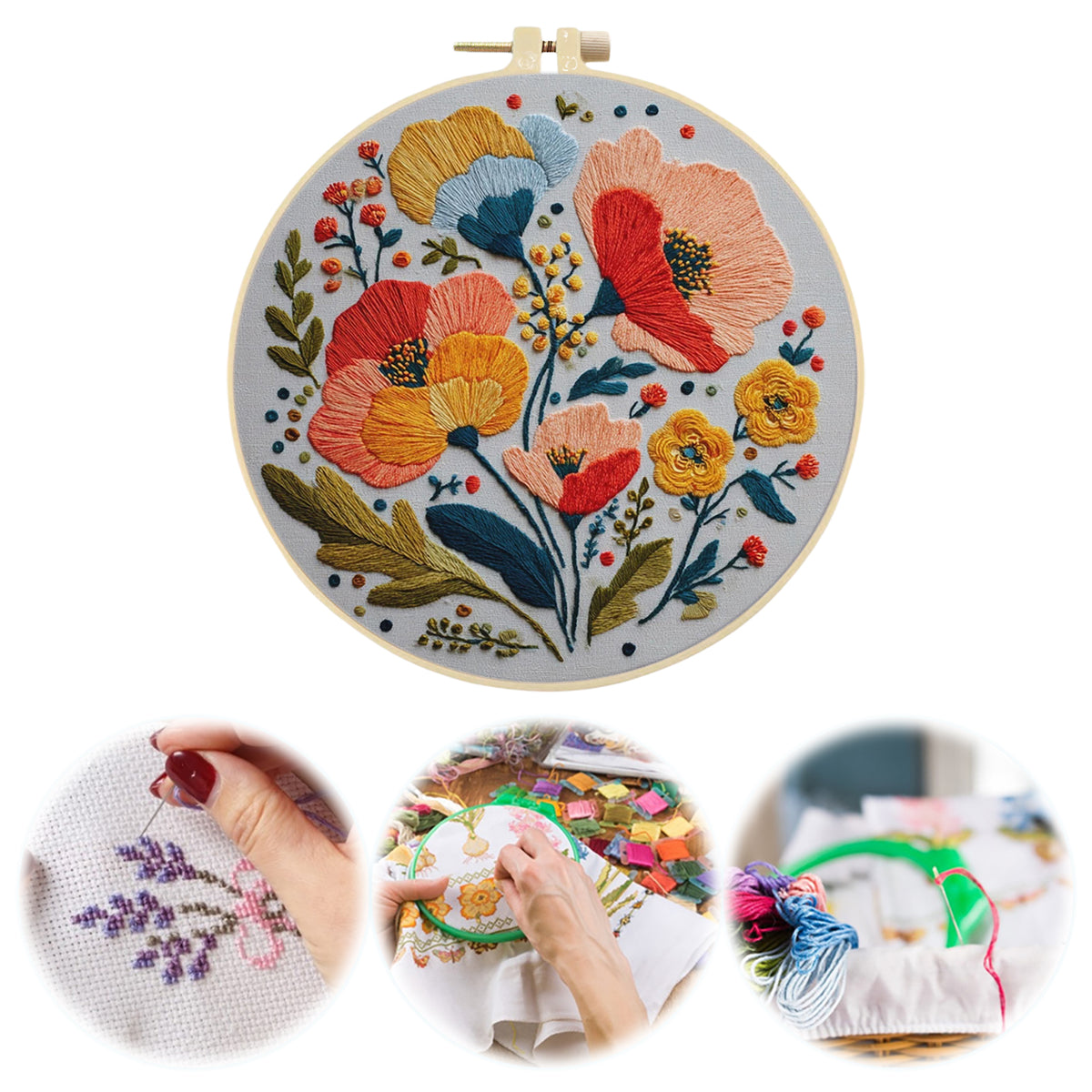Poppy Blooms - DIY Embroidery Cross Stitch Kit with Pattern Cotton Threads Needles Hoop 30×30CM/11.81×11.81in