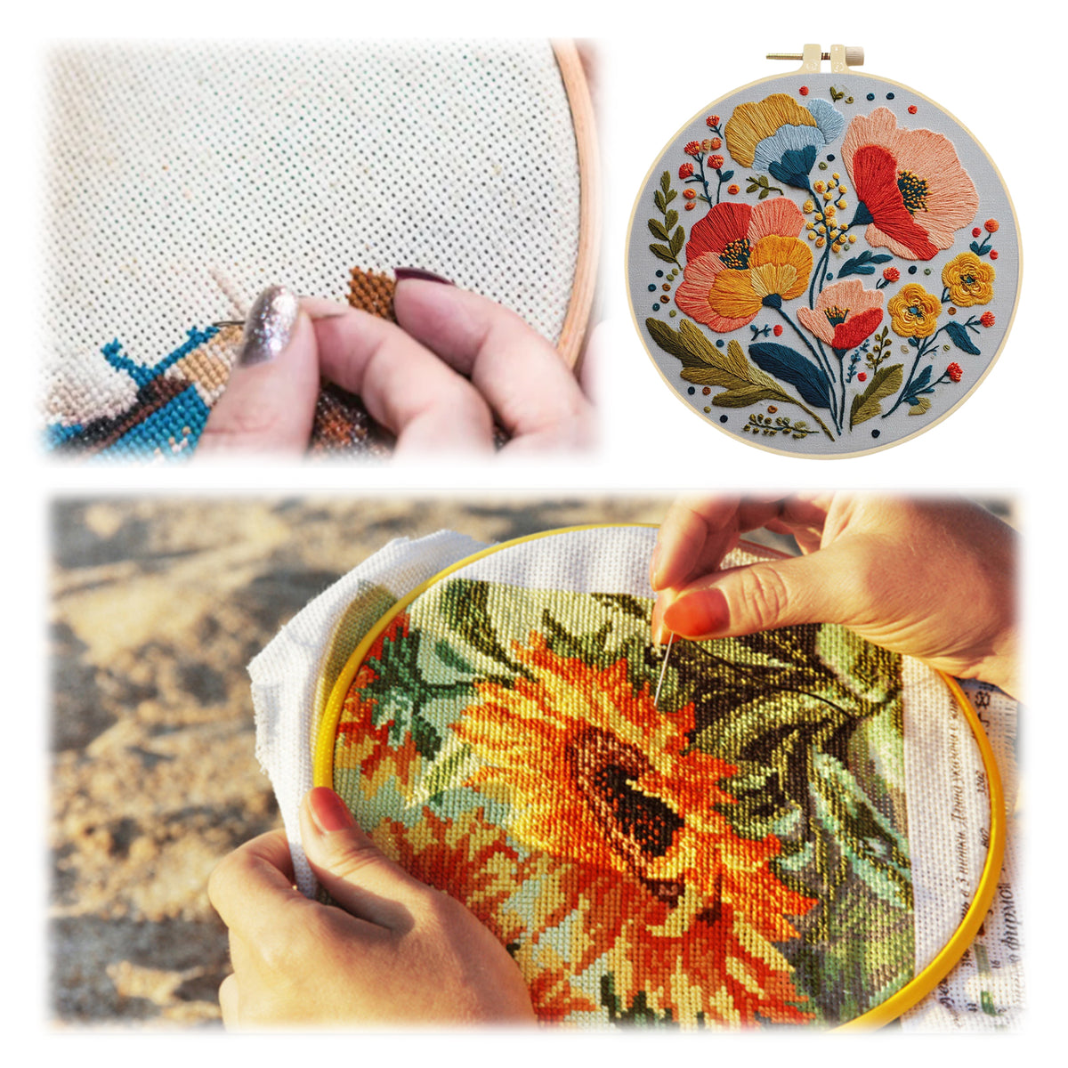 Poppy Blooms - DIY Embroidery Cross Stitch Kit with Pattern Cotton Threads Needles Hoop 30×30CM/11.81×11.81in