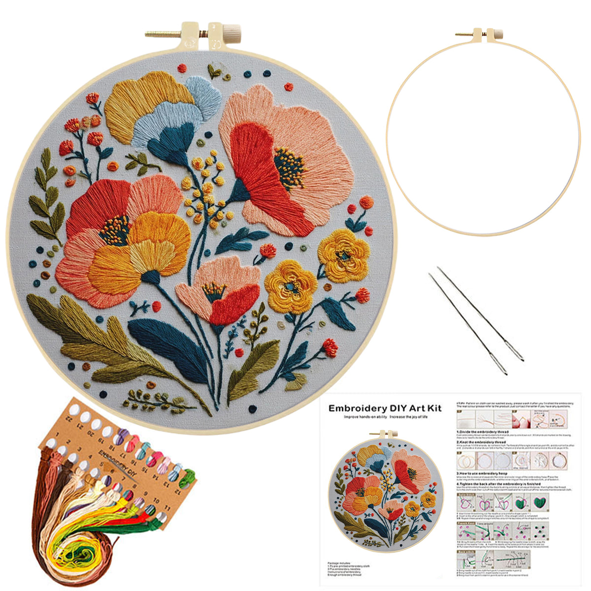 Poppy Blooms - DIY Embroidery Cross Stitch Kit with Pattern Cotton Threads Needles Hoop 30×30CM/11.81×11.81in