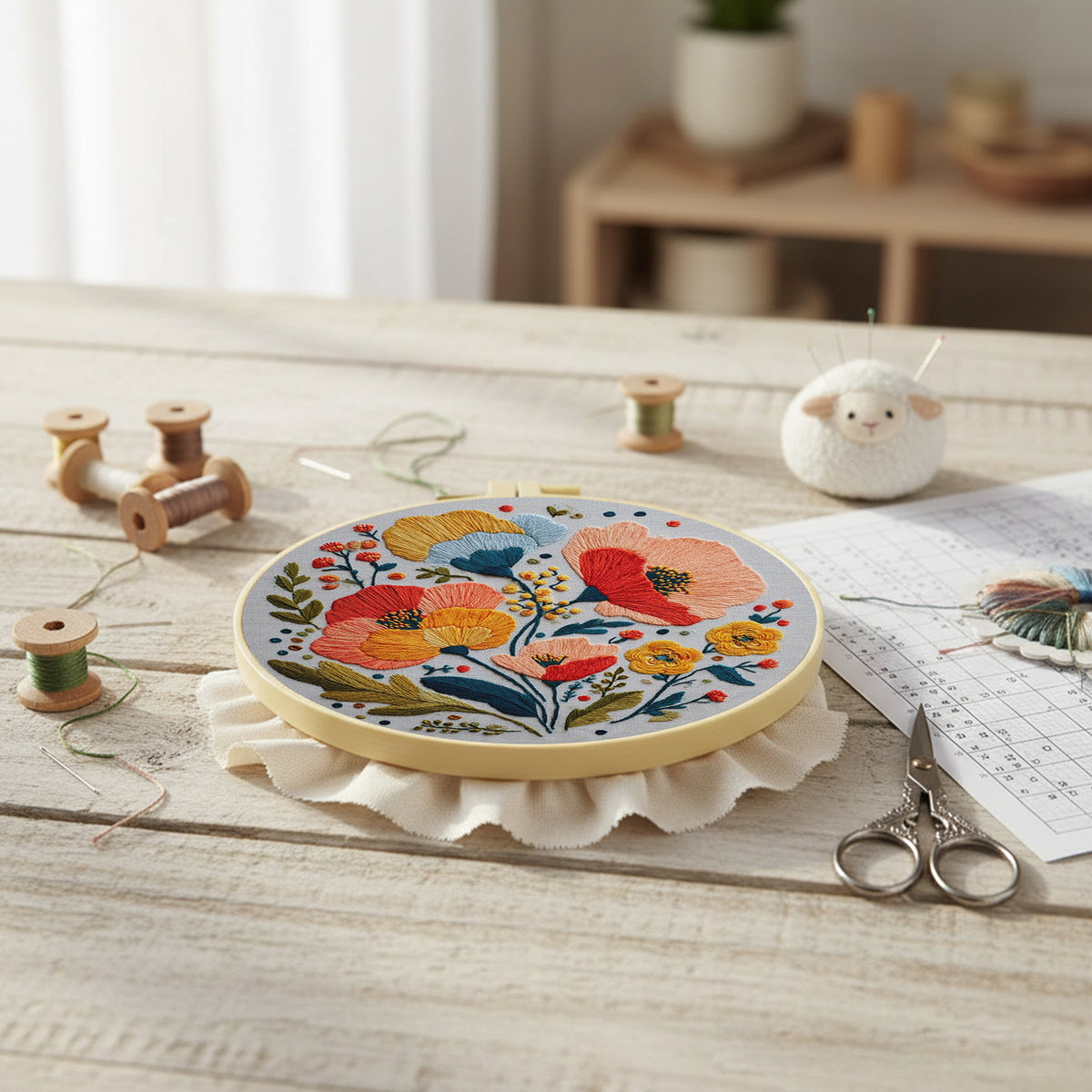 Poppy Blooms - DIY Embroidery Cross Stitch Kit with Pattern Cotton Threads Needles Hoop 30×30CM/11.81×11.81in