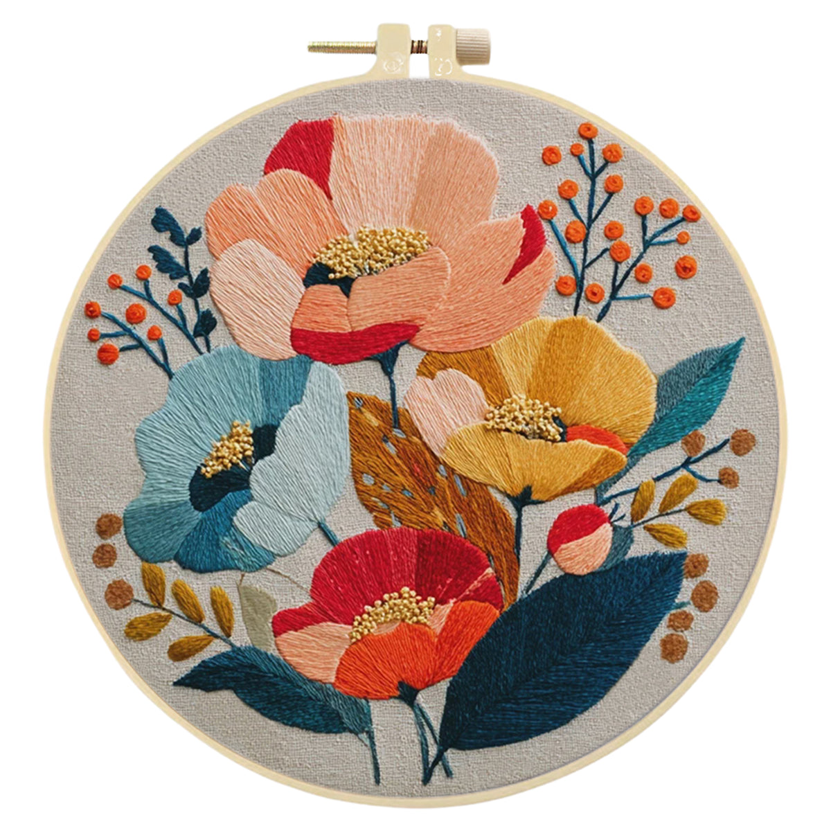 Autumn Poppy - DIY Embroidery Cross Stitch Kit with Pattern Cotton Threads Needles Hoop 30×30CM/11.81×11.81in