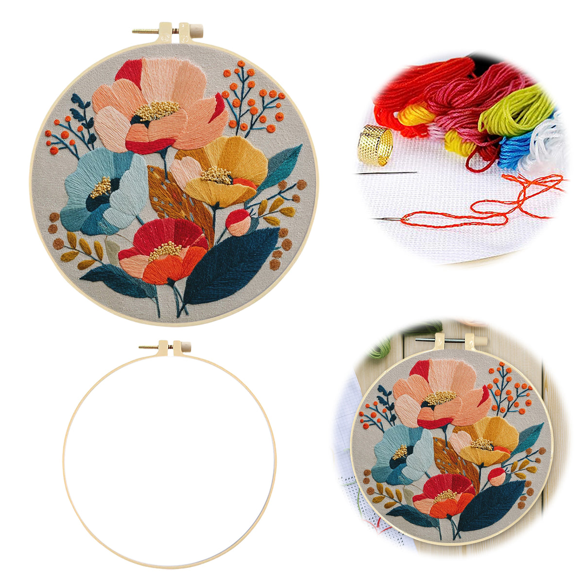Autumn Poppy - DIY Embroidery Cross Stitch Kit with Pattern Cotton Threads Needles Hoop 30×30CM/11.81×11.81in