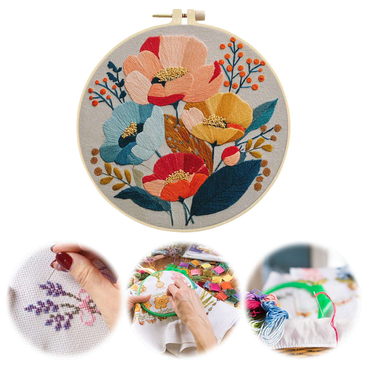 Autumn Poppy - DIY Embroidery Cross Stitch Kit with Pattern Cotton Threads Needles Hoop 30×30CM/11.81×11.81in