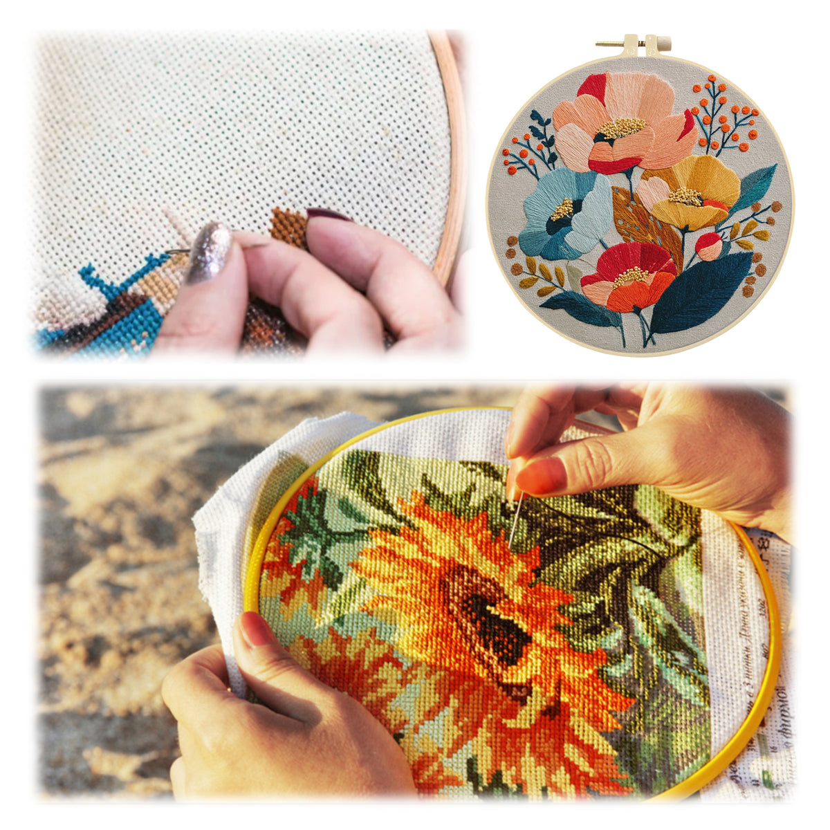 Autumn Poppy - DIY Embroidery Cross Stitch Kit with Pattern Cotton Threads Needles Hoop 30×30CM/11.81×11.81in