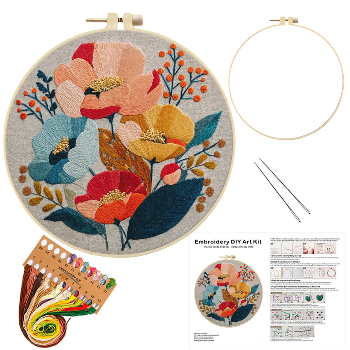 Autumn Poppy - DIY Embroidery Cross Stitch Kit with Pattern Cotton Threads Needles Hoop 30×30CM/11.81×11.81in