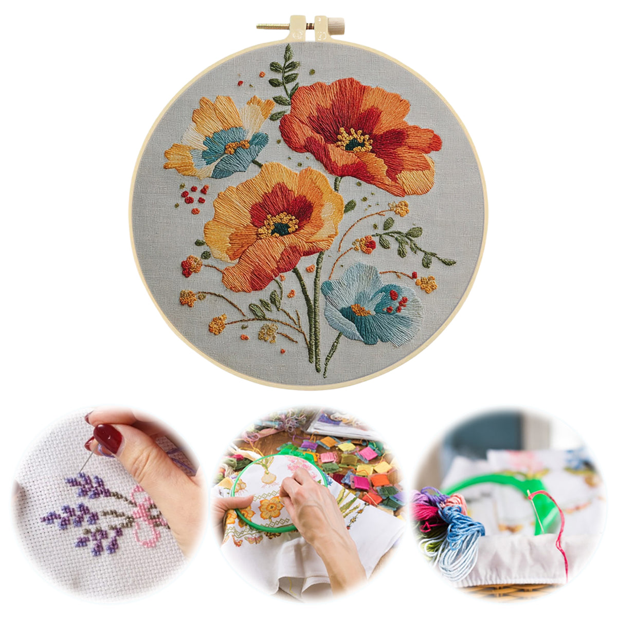 Warm Floral - DIY Embroidery Cross Stitch Kit with Pattern Cotton Threads Needles Hoop 30×30CM/11.81×11.81in