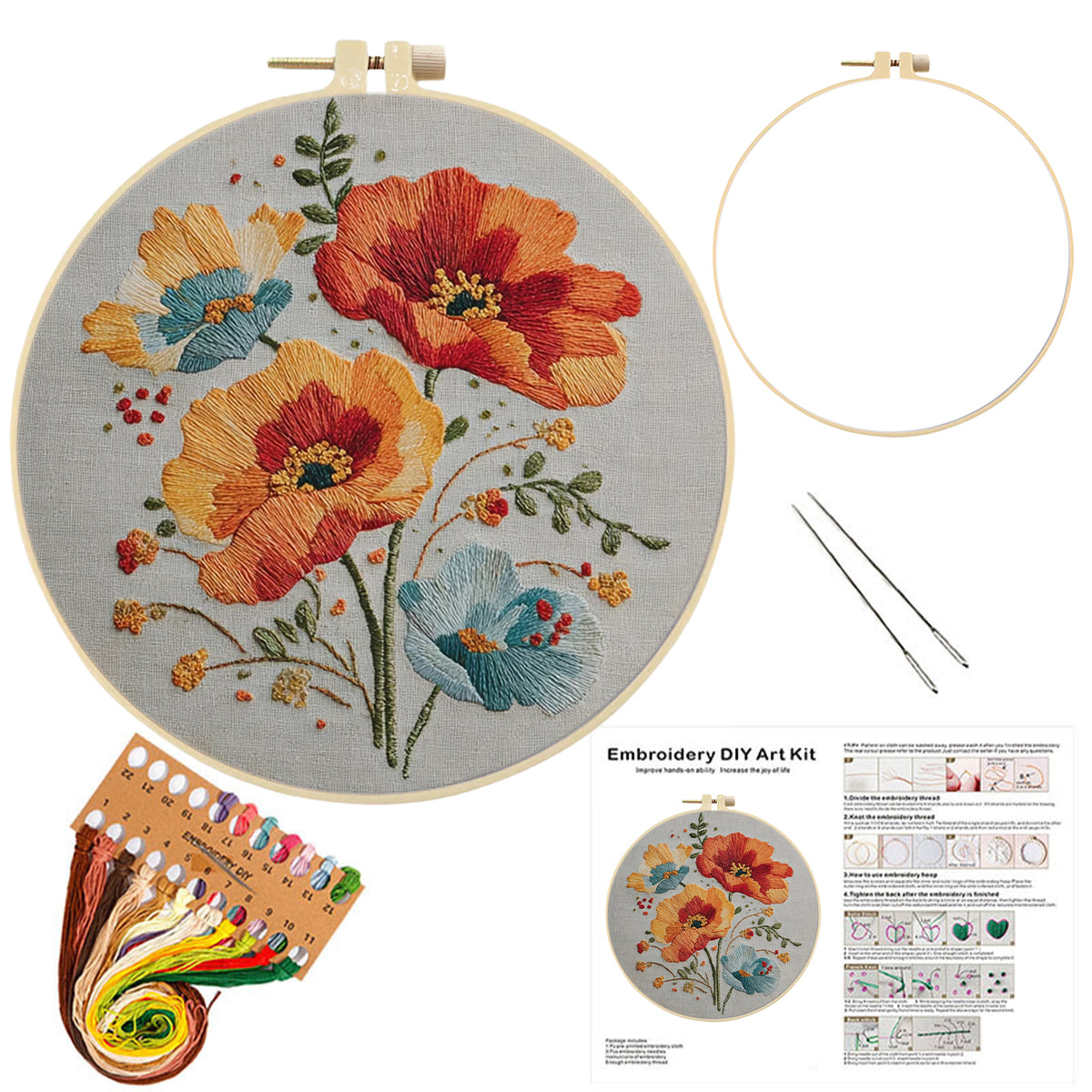 Warm Floral - DIY Embroidery Cross Stitch Kit with Pattern Cotton Threads Needles Hoop 30×30CM/11.81×11.81in