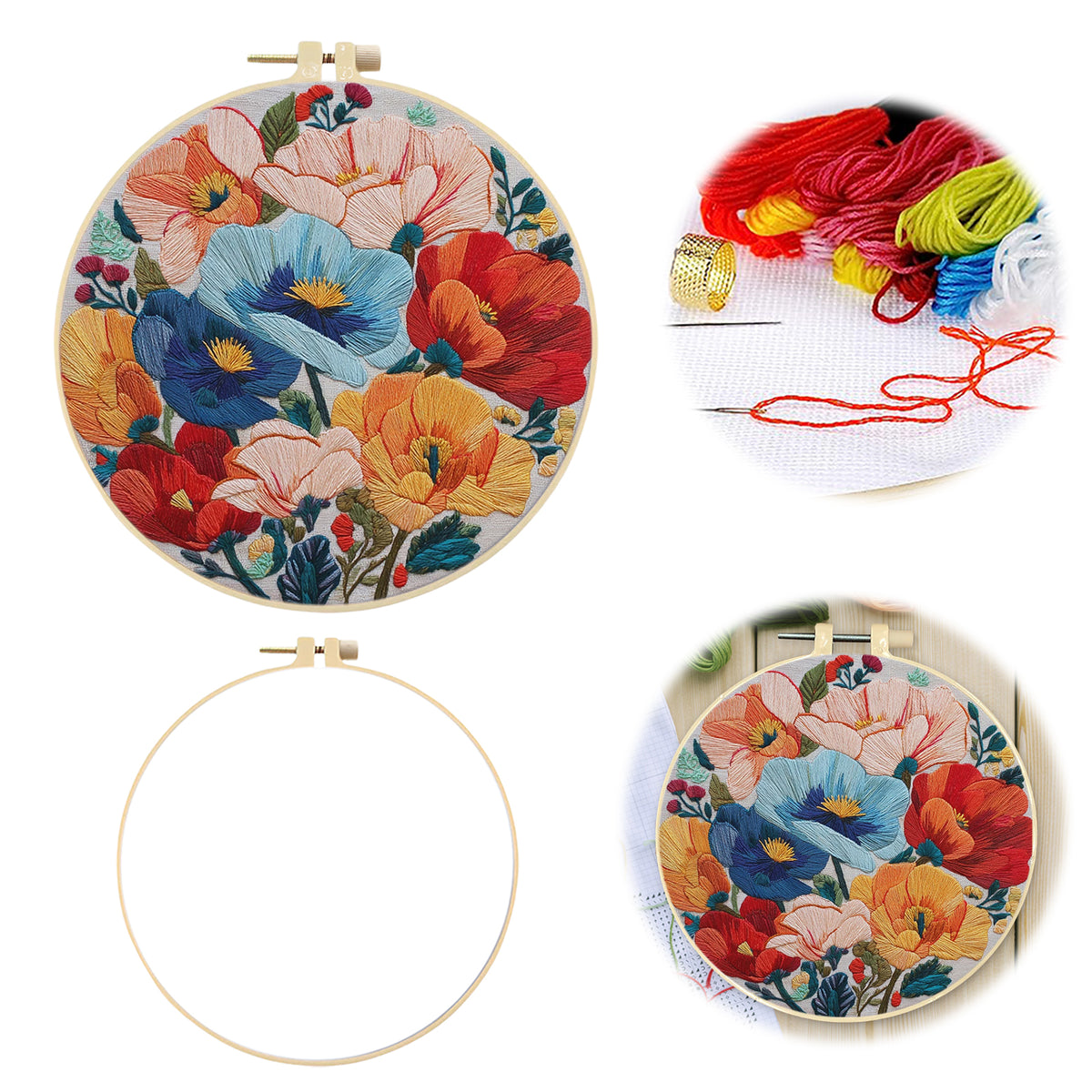 Vivid Poppy - DIY Embroidery Cross Stitch Kit with Pattern Cotton Threads Needles Hoop 30×30CM/11.81×11.81in