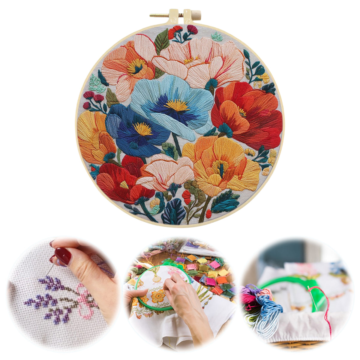 Vivid Poppy - DIY Embroidery Cross Stitch Kit with Pattern Cotton Threads Needles Hoop 30×30CM/11.81×11.81in