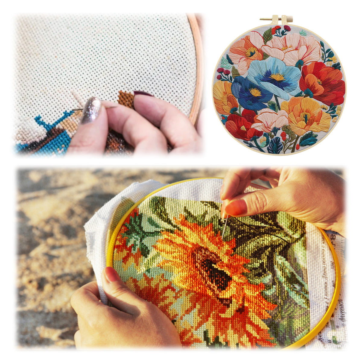 Vivid Poppy - DIY Embroidery Cross Stitch Kit with Pattern Cotton Threads Needles Hoop 30×30CM/11.81×11.81in