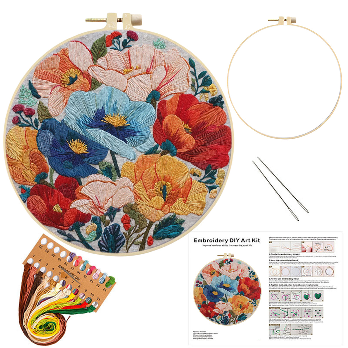 Vivid Poppy - DIY Embroidery Cross Stitch Kit with Pattern Cotton Threads Needles Hoop 30×30CM/11.81×11.81in
