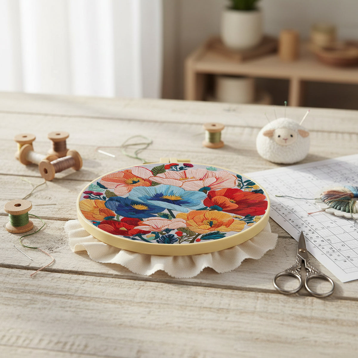 Vivid Poppy - DIY Embroidery Cross Stitch Kit with Pattern Cotton Threads Needles Hoop 30×30CM/11.81×11.81in