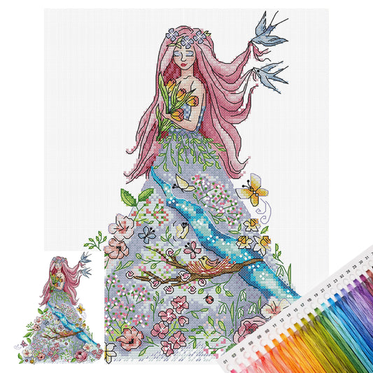 Four Seasons Girl - Frühling - Teilweise 14CT gestempeltes Kreuzstich-Set 28x33CM - Joy Sunday Rückstich + Halbkreuzstich