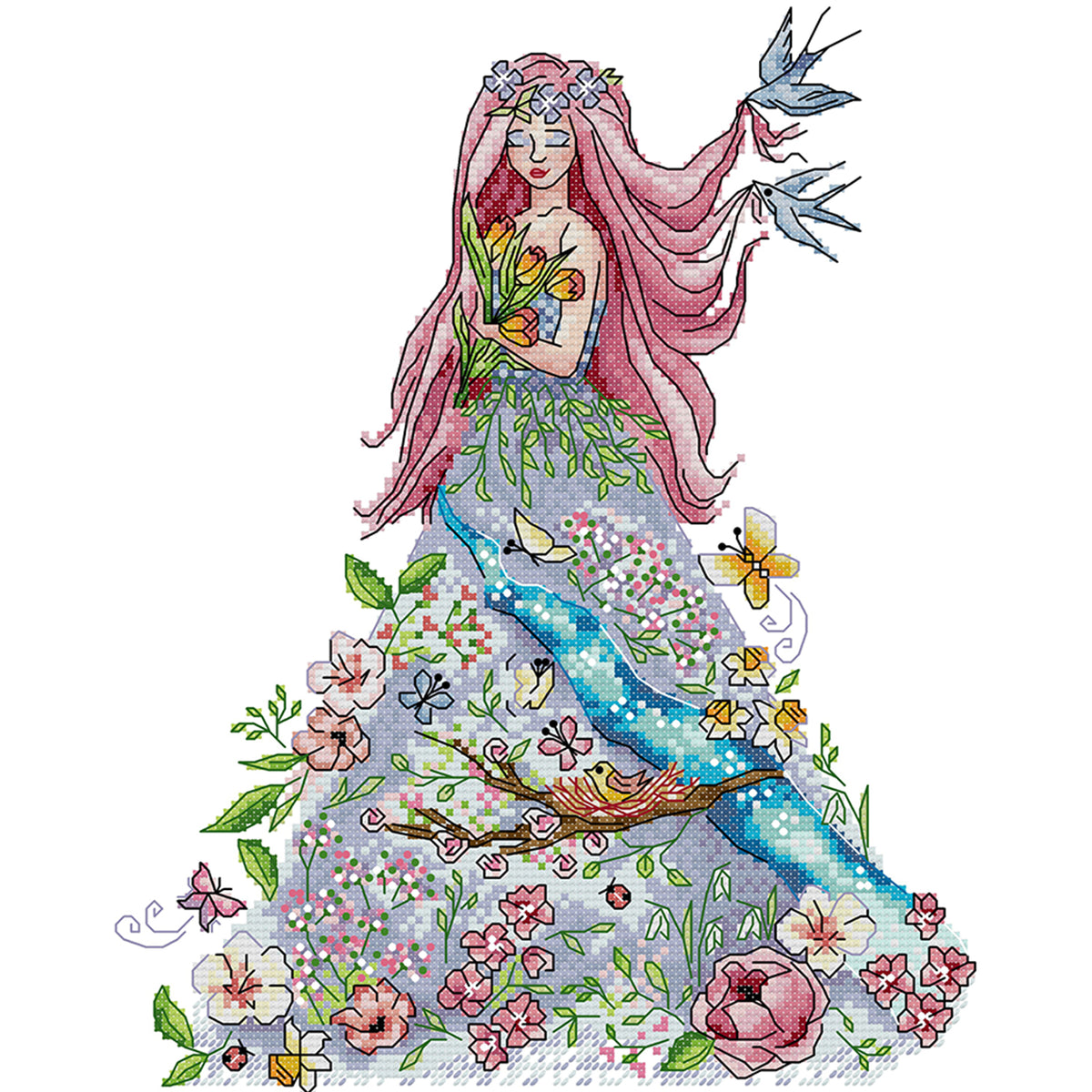 Four Seasons Girl - Frühling - Teilweise 14CT gestempeltes Kreuzstich-Set 28x33CM - Joy Sunday Rückstich + Halbkreuzstich