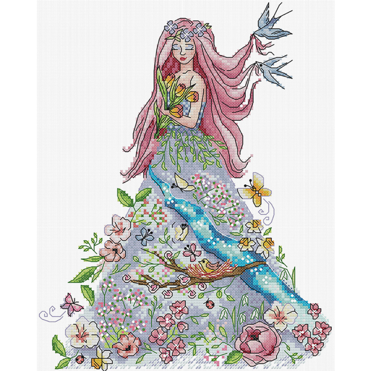 Four Seasons Girl - Frühling - Teilweise 14CT gestempeltes Kreuzstich-Set 28x33CM - Joy Sunday Rückstich + Halbkreuzstich