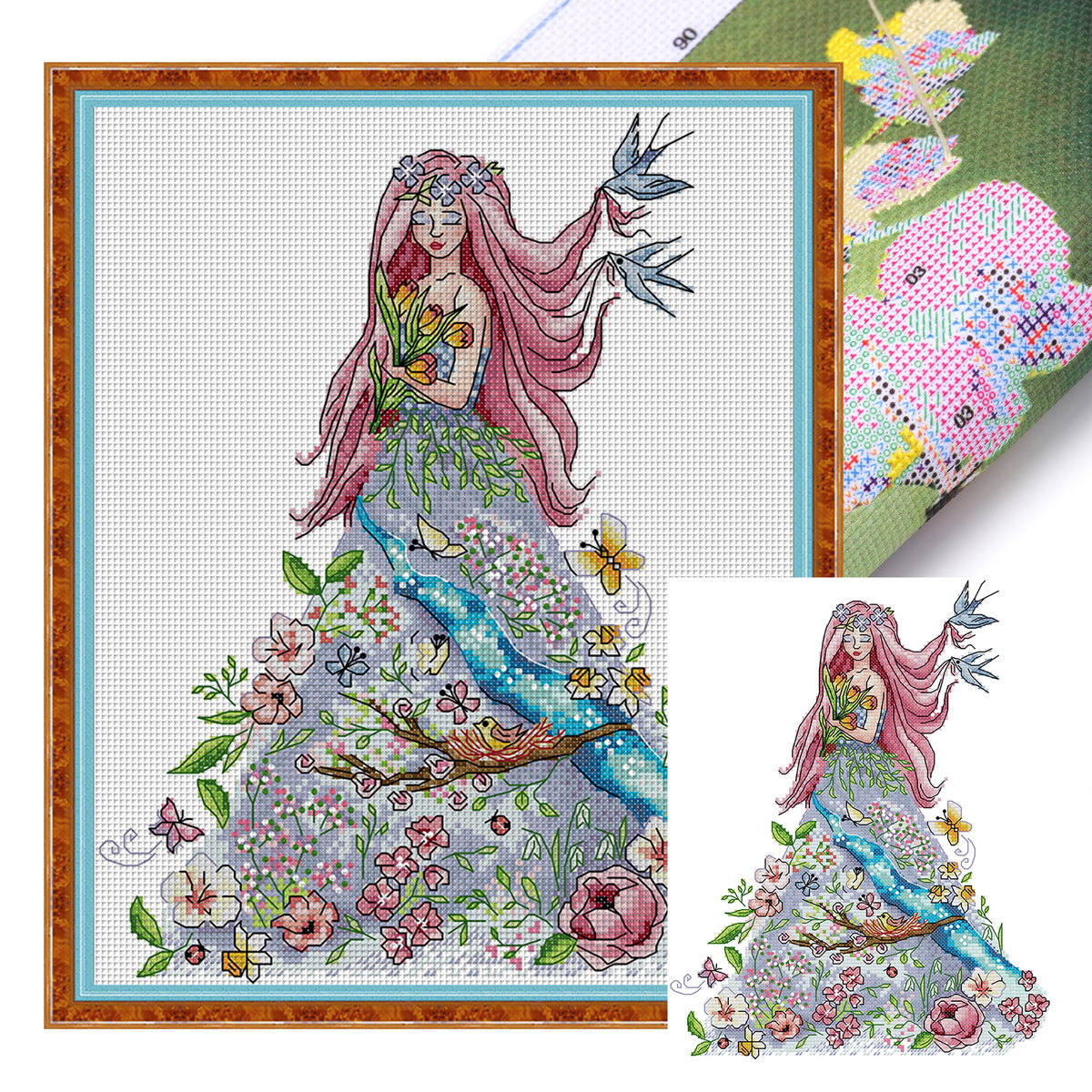 Four Seasons Girl - Frühling - Teilweise 14CT gestempeltes Kreuzstich-Set 28x33CM - Joy Sunday Rückstich + Halbkreuzstich