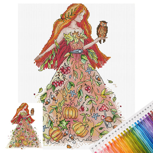 Four Seasons Girl - Herbst - Teilgesticktes 14CT Stempel-Kreuzstich-Set 27x32CM - Joy Sunday Rückstich + Halber Kreuzstich