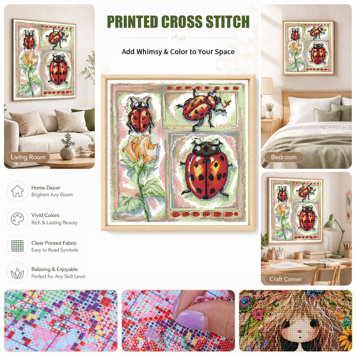 Biology Diagram - Ladybug - Partial 14CT Stamped Cross Stitch 36x36CM - Joy Sunday Backstitch+Half Cross Stitch