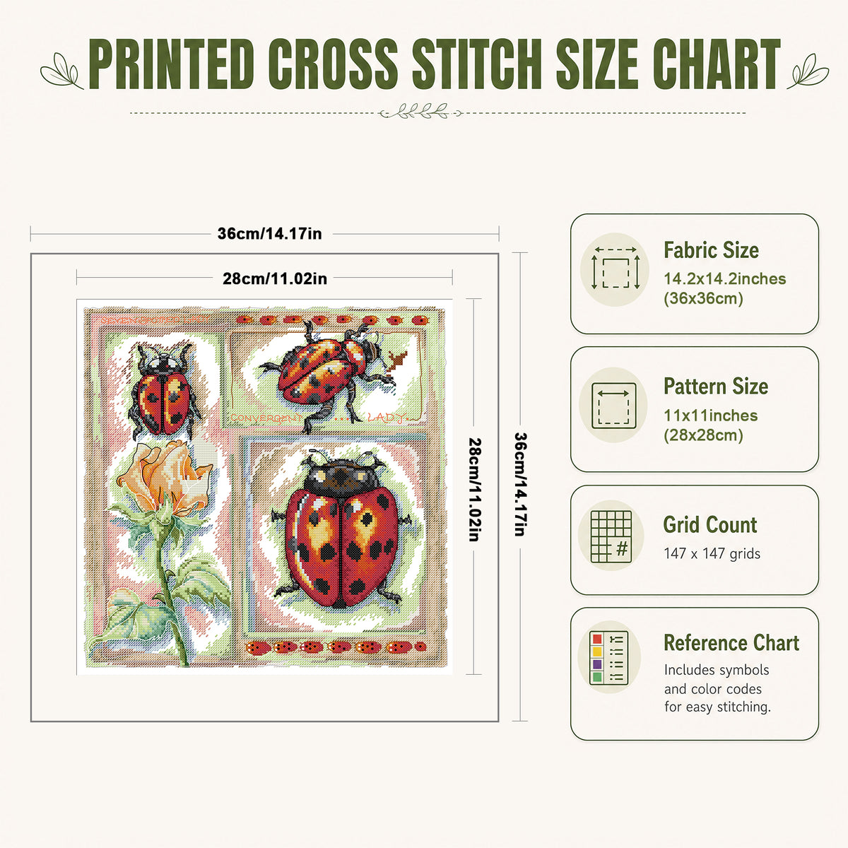 Biology Diagram - Ladybug - Partial 14CT Stamped Cross Stitch 36x36CM - Joy Sunday Backstitch+Half Cross Stitch