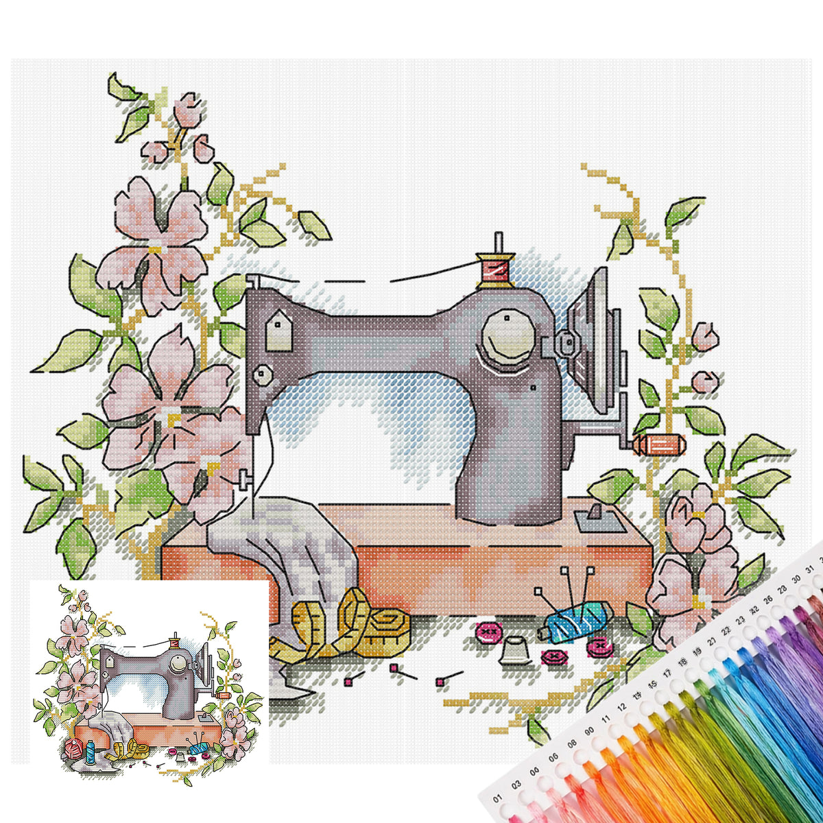 Blumen-Nähmaschine – Teilweises 14CT gestempeltes Kreuzstich-Set 29x26CM – Joy Sunday Rückstich + halber Kreuzstich