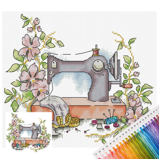 Blumen-Nähmaschine – Teilweises 14CT gestempeltes Kreuzstich-Set 29x26CM – Joy Sunday Rückstich + halber Kreuzstich