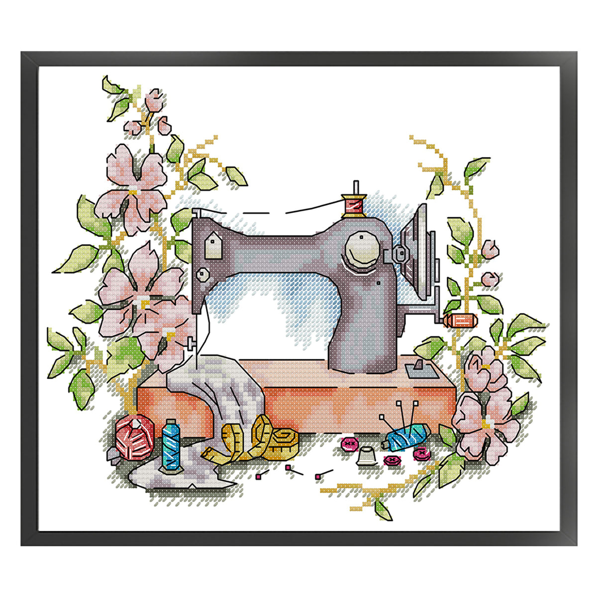 Blumen-Nähmaschine – Teilweises 14CT gestempeltes Kreuzstich-Set 29x26CM – Joy Sunday Rückstich + halber Kreuzstich