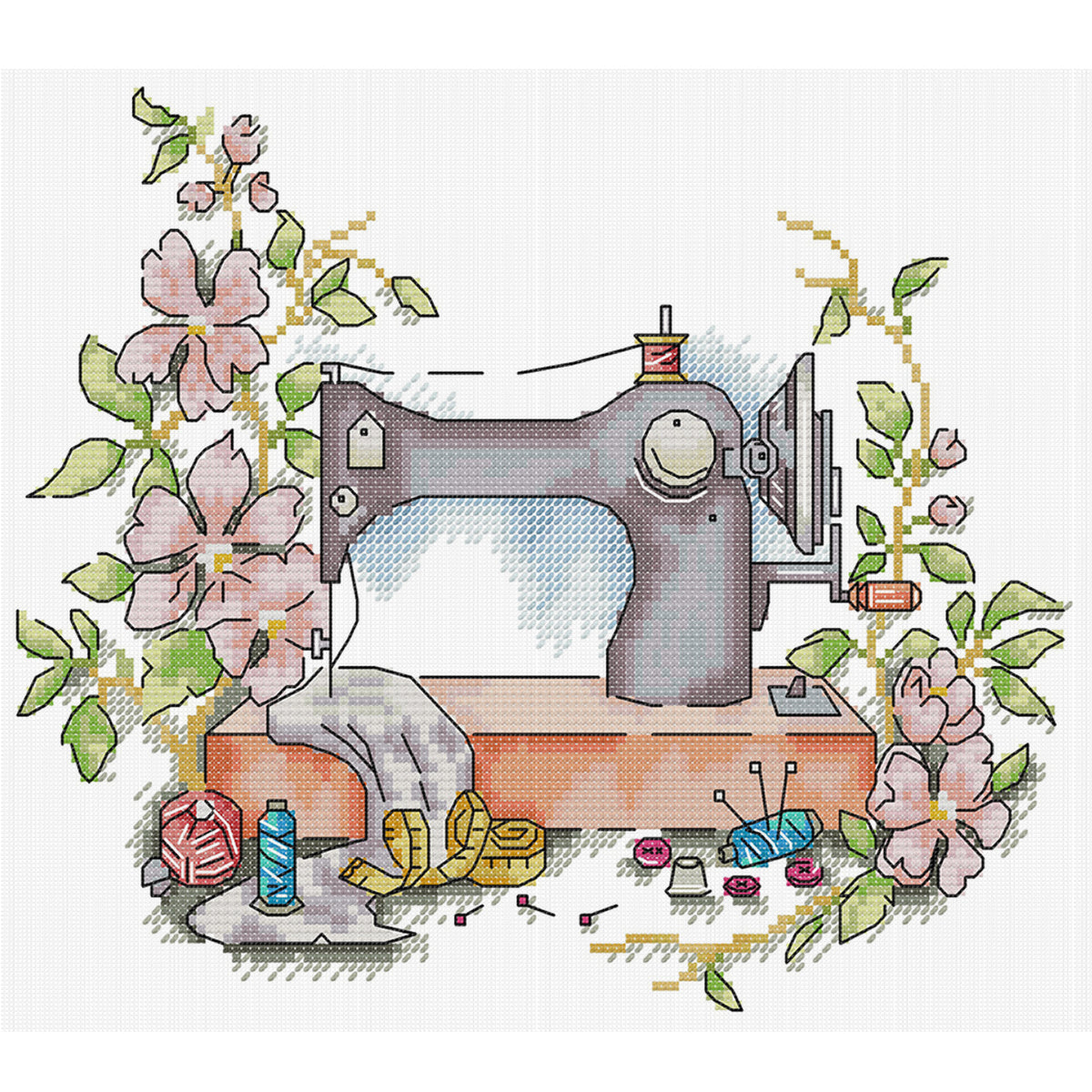 Blumen-Nähmaschine – Teilweises 14CT gestempeltes Kreuzstich-Set 29x26CM – Joy Sunday Rückstich + halber Kreuzstich