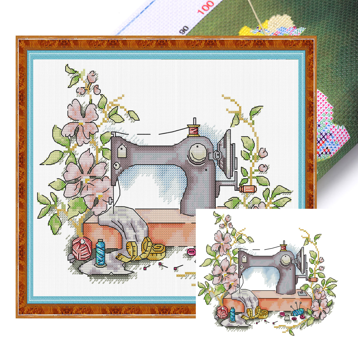 Blumen-Nähmaschine – Teilweises 14CT gestempeltes Kreuzstich-Set 29x26CM – Joy Sunday Rückstich + halber Kreuzstich