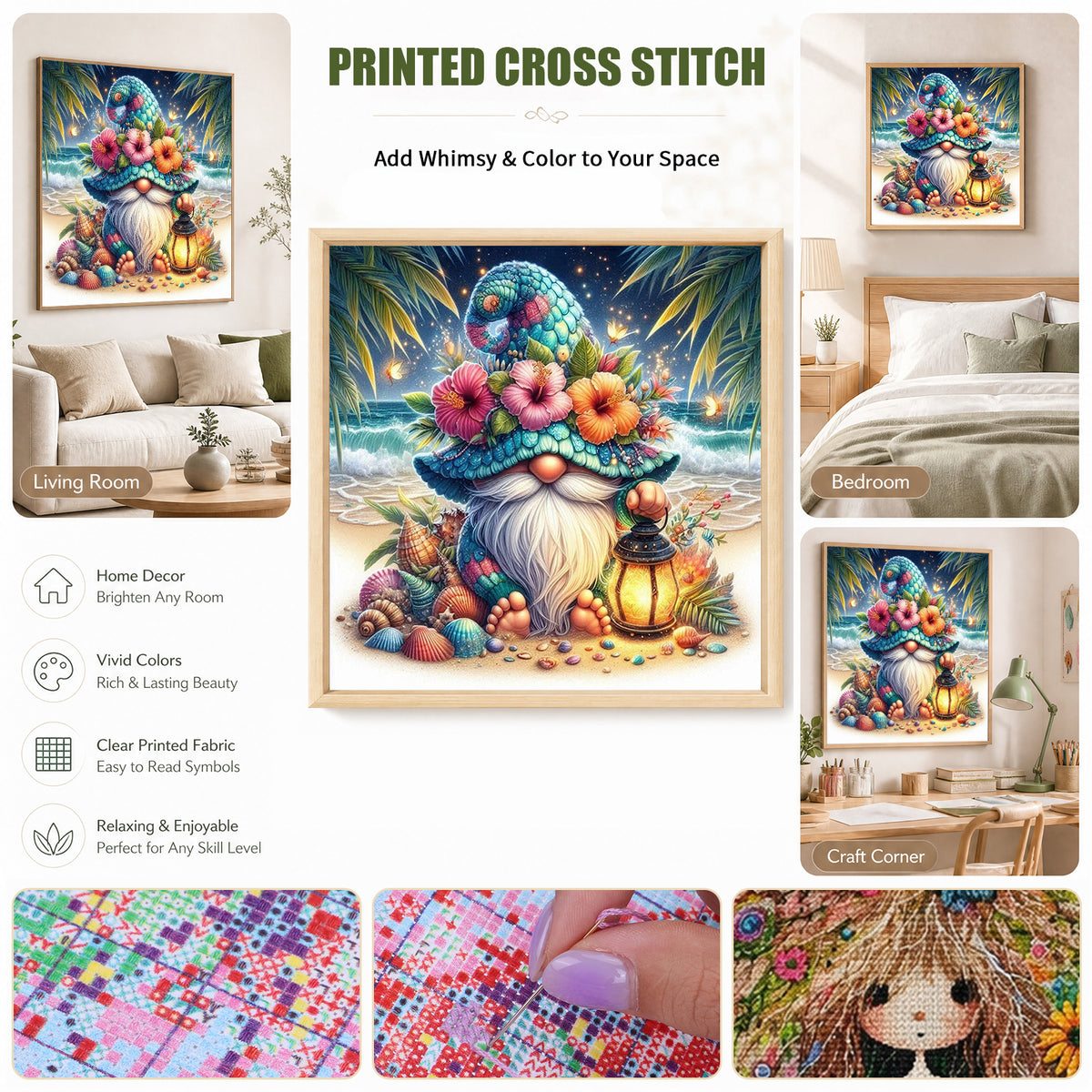 Seashell Gnome - Full 11CT Stamped Cross Stitch 40x40CM - Huacan